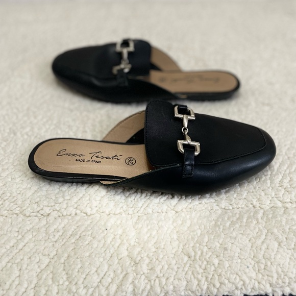 Enzo Tesoti Mules Flat Black Leather Bit Loafers Size 7 - Picture 4 of 6